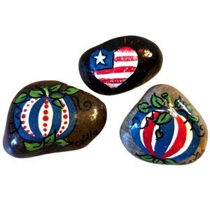 Red White and Blue Striped Patriotic Pumpkin Rocks Small Hand Painted